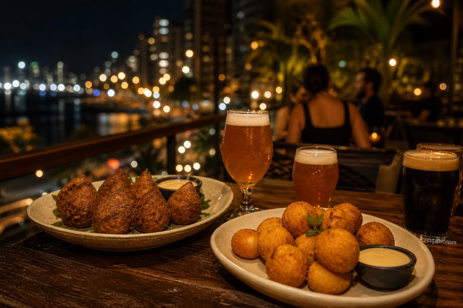 Porção chegando na mesa de um bar em Salvador, com cerveja do lado
